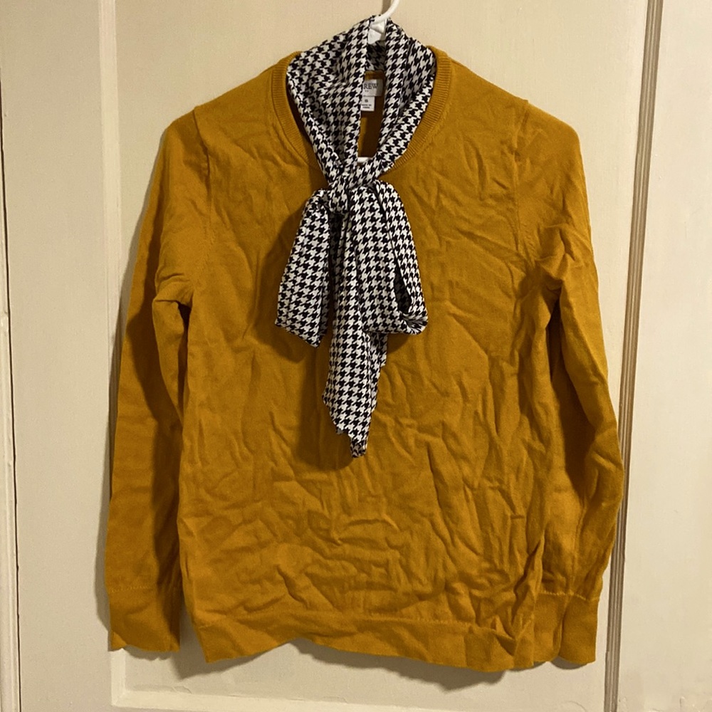 Harvest gold sweater with attached houndstooth scarf